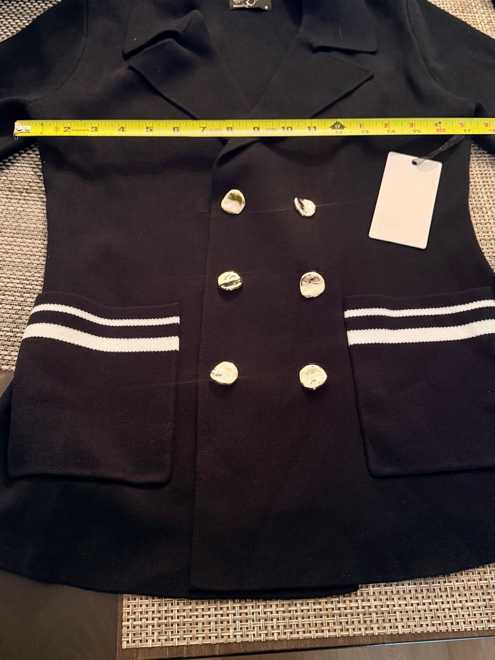 Black Double-Breasted Women's Blazer with Striped Pocket Trim